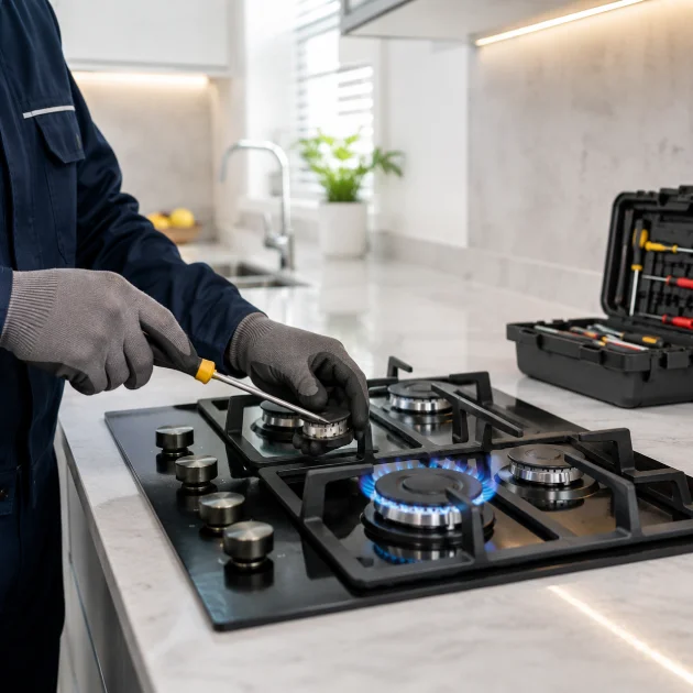 Gas Safe engineer repairing a modern gas hob in a kitchen, inspecting and adjusting a burner during a gas cooker repair