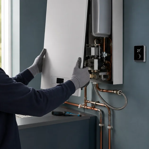 Heating engineer servicing a modern wall-mounted boiler during routine central heating maintenance