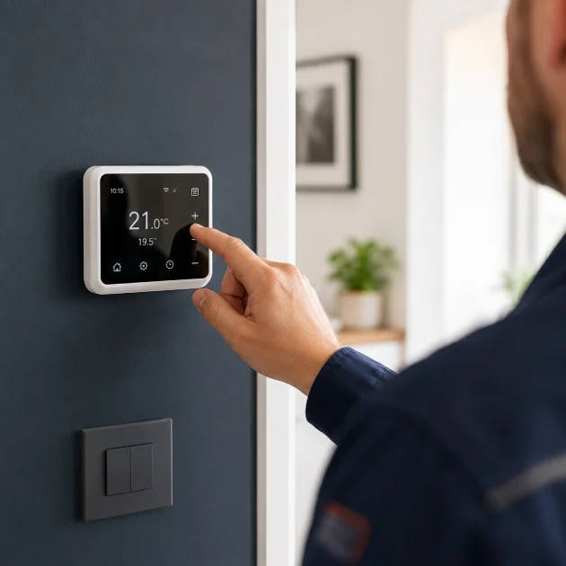 Heating engineer adjusting a modern smart thermostat during a thermostat repair and heating control upgrade in a home