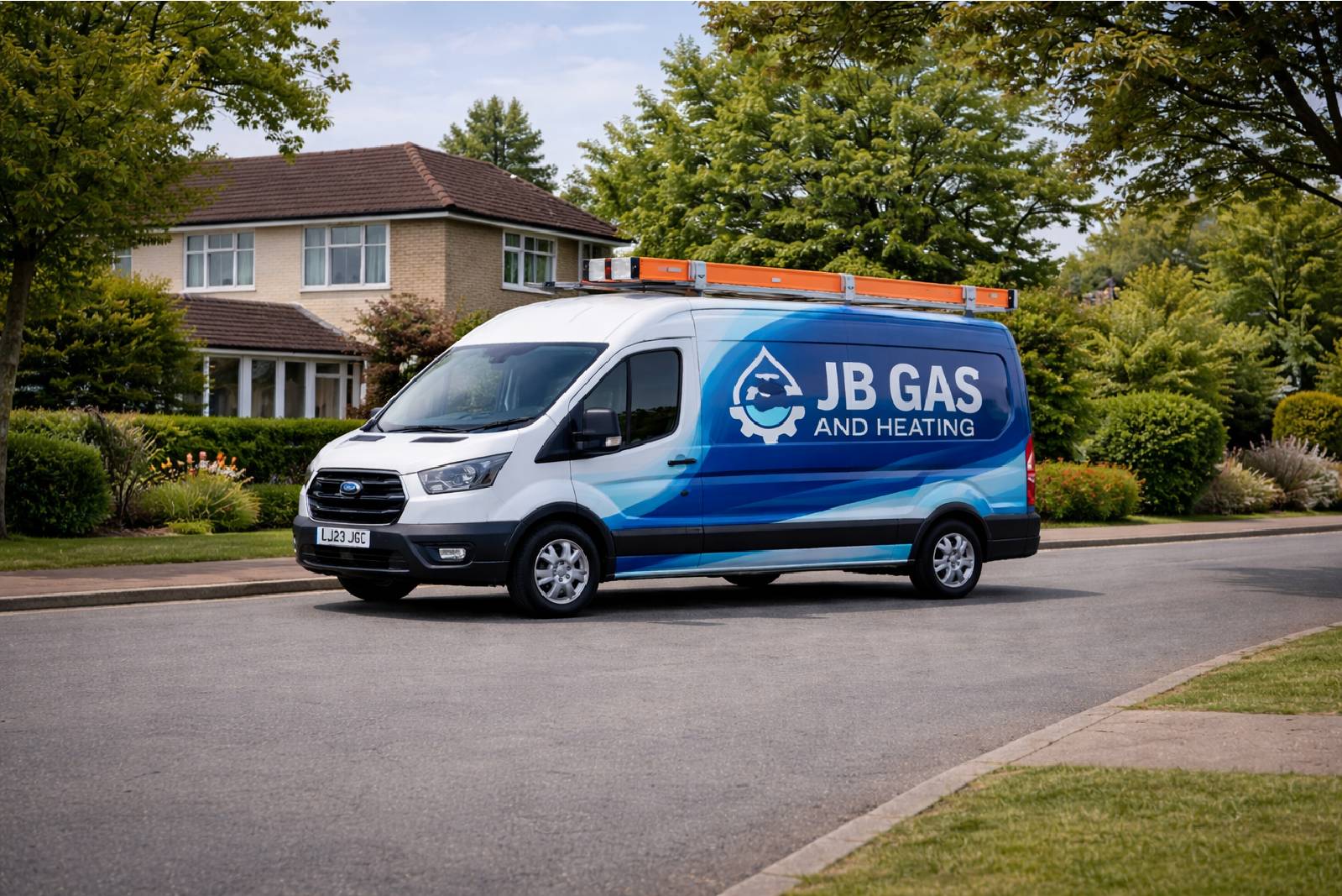 Van with logo of JB Gas and Heating parked outside a house in Hounslow